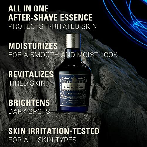 After-shave essence bottle with benefits listed: protects skin, moisturizes, revitalizes, brightens, skin irritation-tested.