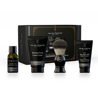 The Art of Shaving gift set with oil, cream, balm, and brush.