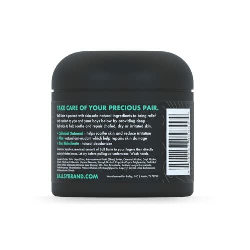 Back view of a ball balm jar with product description.