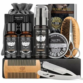 Beard care kit with oils, wash, balm, comb, and grooming tools.