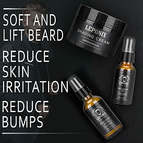 Beard care products including shaving cream and pre-shave oil with text promoting benefits.