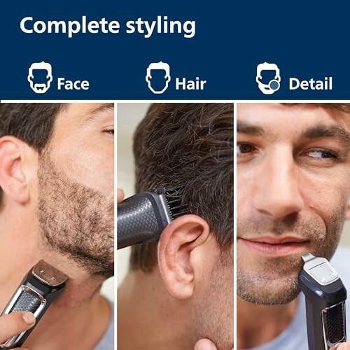 Man using trimmer for beard, hair, and detail styling.