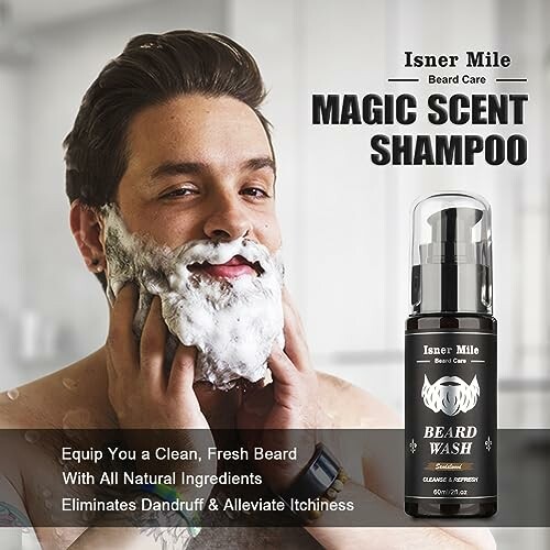 Man applying Isner Mile beard wash with magic scent shampoo.