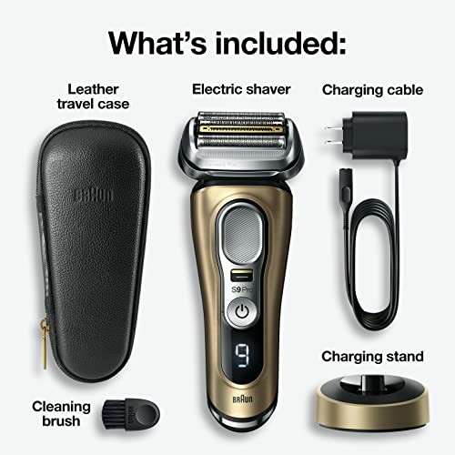 Braun electric shaver set with travel case, charging cable, and stand.