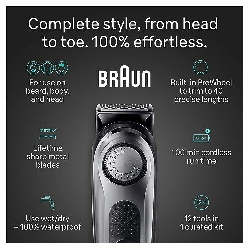 Braun trimmer with features and benefits listed.