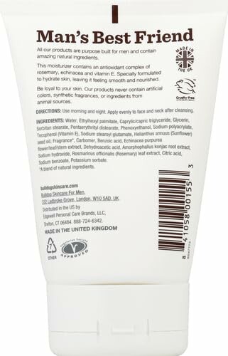 Back view of Bulldog Skincare moisturizer tube with ingredients and instructions