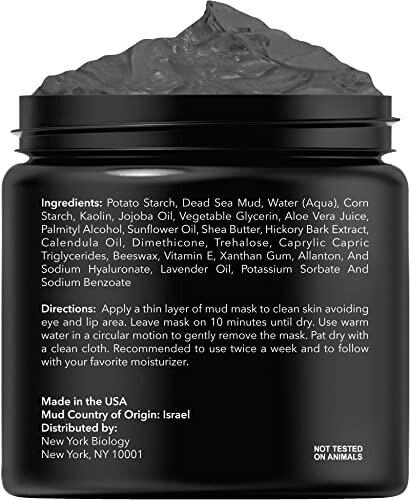 Dead Sea mud mask jar with ingredients and directions.