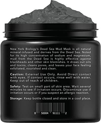 Dead Sea Mud Mask container with product description and safety instructions.