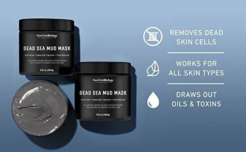 Two jars of Dead Sea Mud Mask with benefits listed: removes dead skin cells, works for all skin types, draws out oils and toxins.