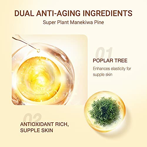 Dual anti-aging ingredients with poplar tree and antioxidants for supple skin.