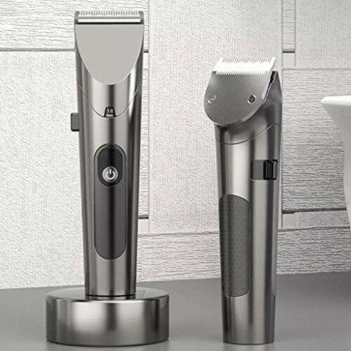 Two electric hair trimmers on a countertop