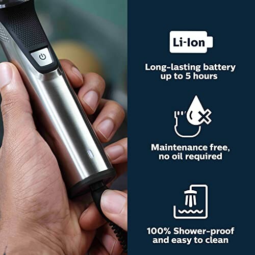 Electric razor with long-lasting battery, maintenance-free, shower-proof.