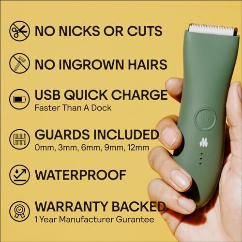 Electric trimmer with features: no nicks or cuts, no ingrown hairs, USB quick charge, guards included, waterproof, warranty backed.