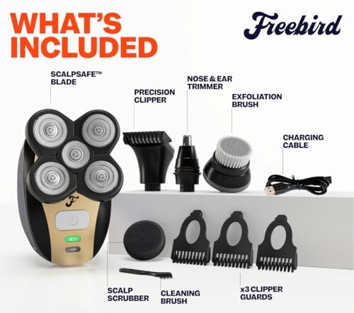 Freebird grooming kit with scalp blade, trimmer, exfoliation brush, and accessories.