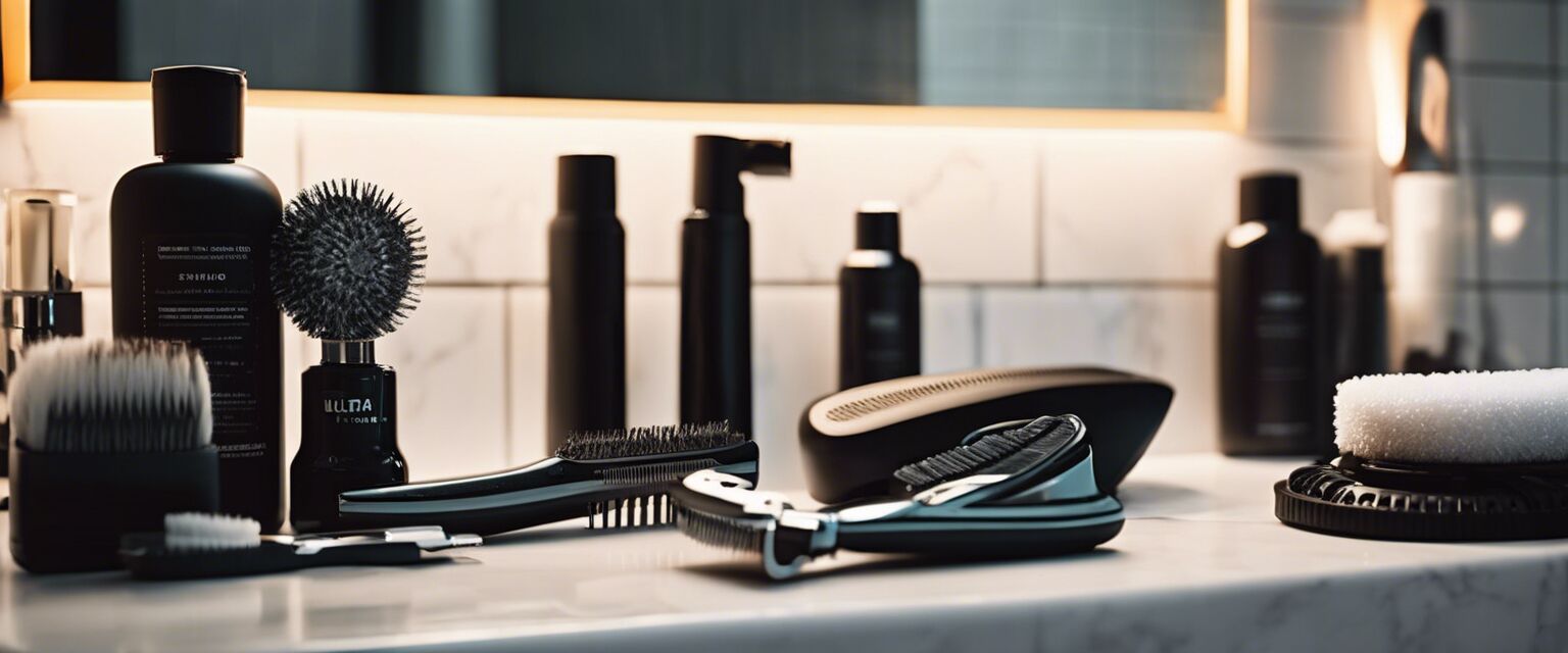 Grooming kit on bathroom countertop