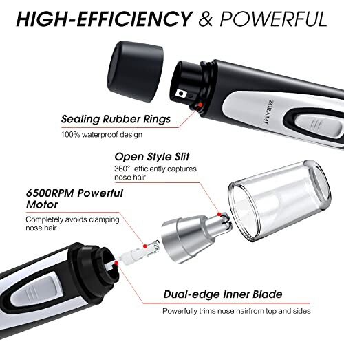 Nose hair trimmer with sealing rubber rings, open style slit, 6500RPM motor, and dual-edge inner blade.