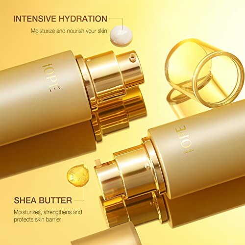 Gold skincare bottles with text about hydration and shea butter benefits.