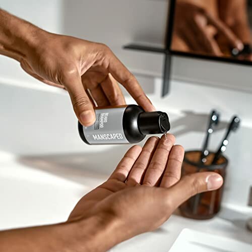Person dispensing MANSCAPED body wash onto hand in bathroom.