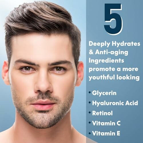 Man with text about skincare ingredients.