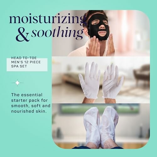 Man using moisturizing spa set with face mask, gloves, and foot wraps.