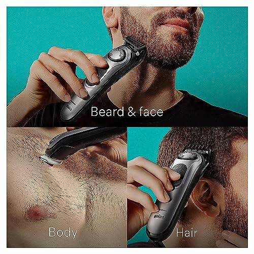 Man using grooming kit for beard, body, and hair.