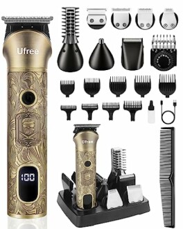 Multifunctional hair trimmer set with various attachments and accessories.