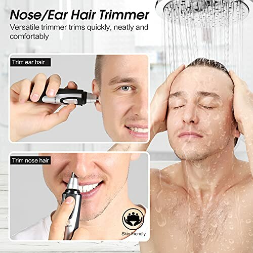 Man using nose and ear hair trimmer, waterproof design for use in shower.