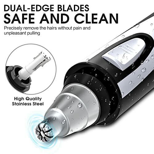 Nose hair trimmer with dual-edge blades and stainless steel design.