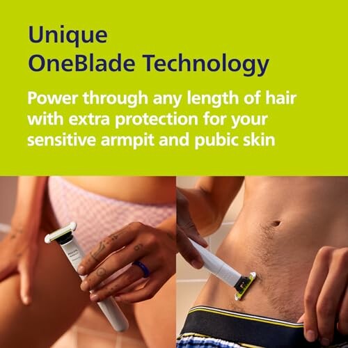Two images showing OneBlade razor used on armpit and pubic area.