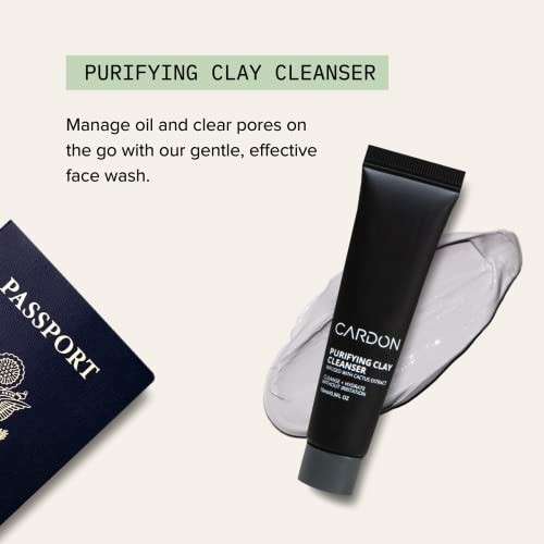 Purifying clay cleanser with passport and text description.