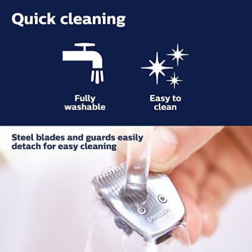 Trimmer with quick cleaning features: fully washable and easy to clean, steel blades and guards detach easily.