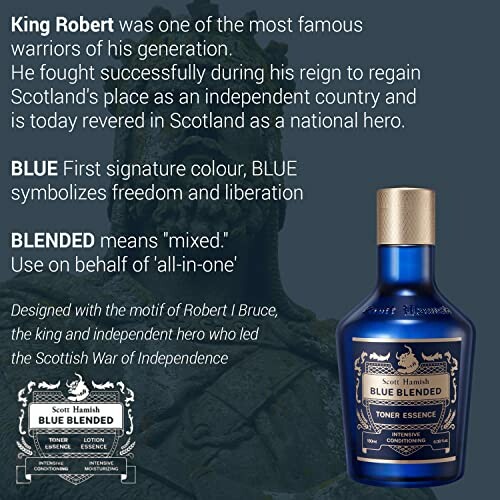 Scottish-themed toner bottle with text about King Robert and blue blended essence.