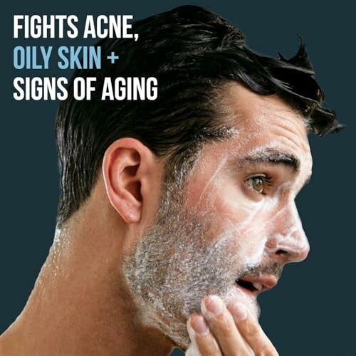 Man applying skincare product for acne, oily skin, and signs of aging.