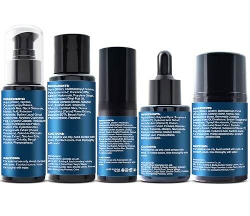 Five skincare product bottles with ingredient labels