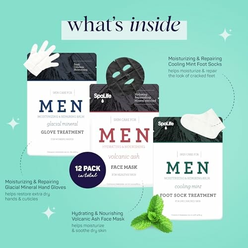SpaLife men's skin care products including glove and foot sock treatments.