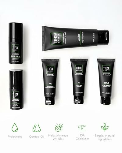 Tiege Hanley skincare products including wash, serum, and moisturizer.
