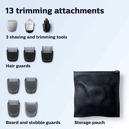 13 trimming attachments including shaving tools, hair guards, beard guards, and storage pouch.