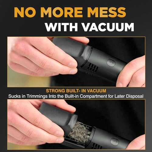 Demonstration of a trimmer with built-in vacuum for easy cleanup.