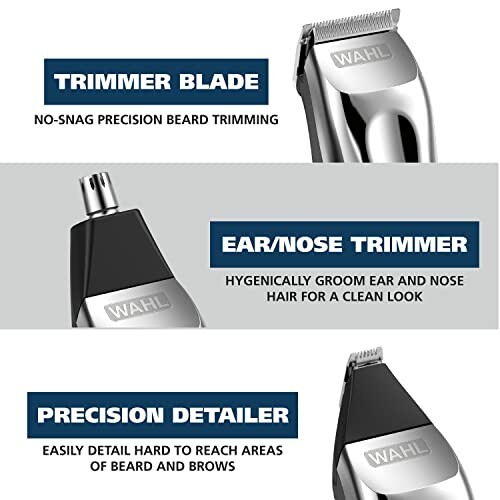 Wahl trimmer set with trimmer blade, ear/nose trimmer, and precision detailer