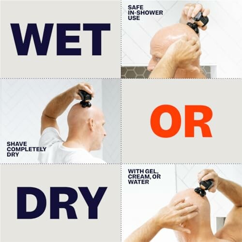 Man using electric shaver on bald head, wet or dry options.