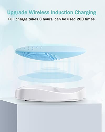 Wireless induction charging device with floating blue component.